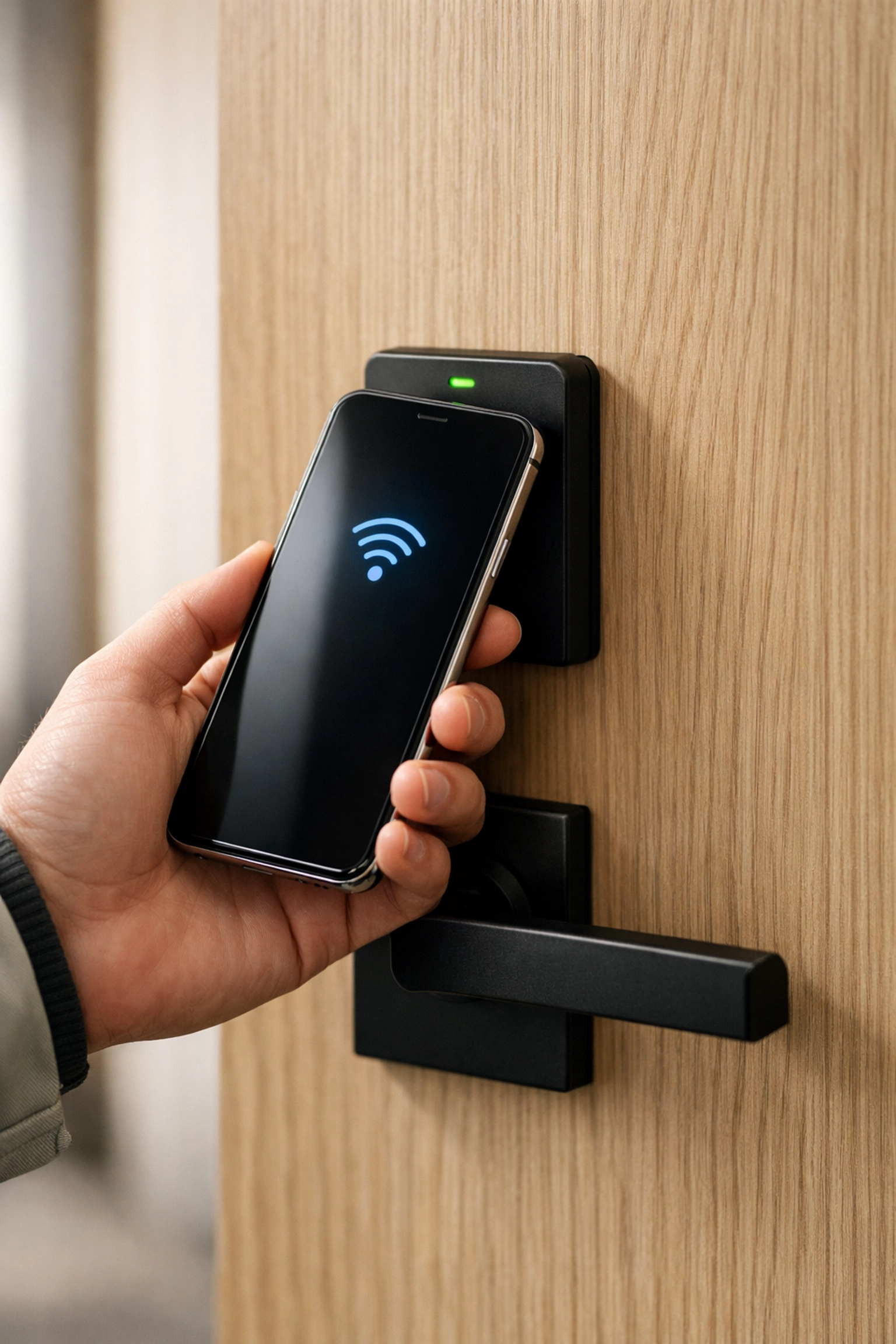 A guest uses a digital key on a smartphone to unlock a modern hotel room door, skipping the front desk.