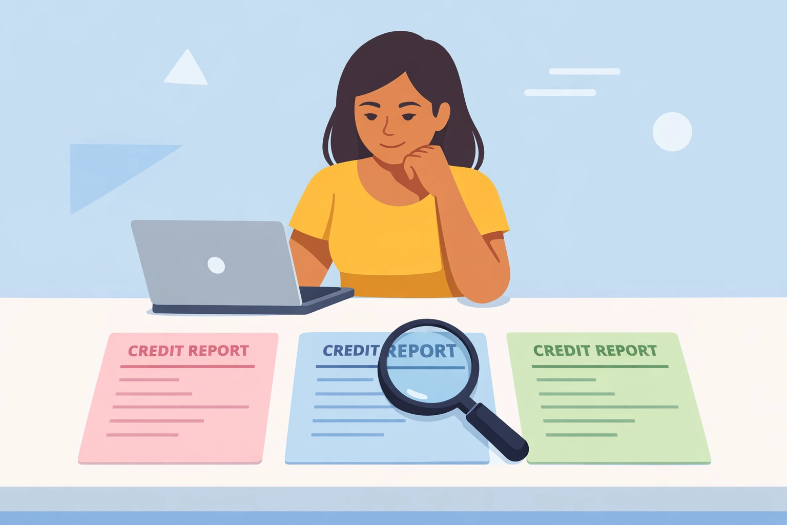 Mujer latina revisando reportes de crédito para encontrar errores