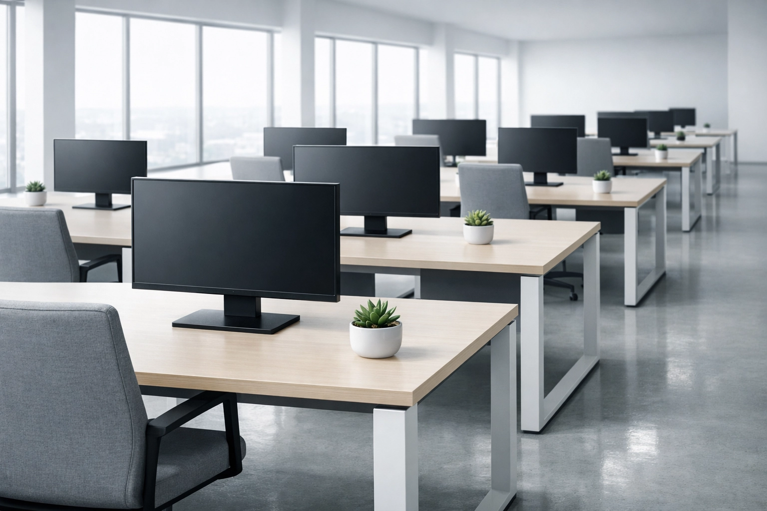 Clean and organized modern open-plan office workspace with polished concrete floors.