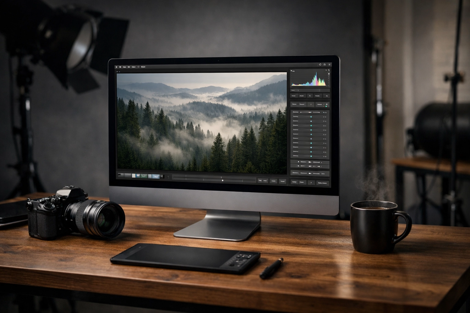 Professional photography studio setup illustrating human-led vision in the AI photo editing process.