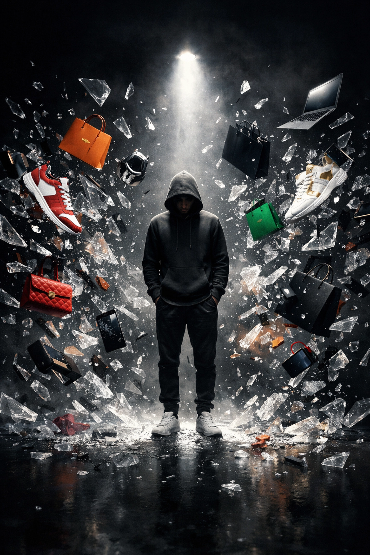 Person in simple clothes avoiding consumerism as luxury items shatter, focusing on No-Buy year strategic spending.