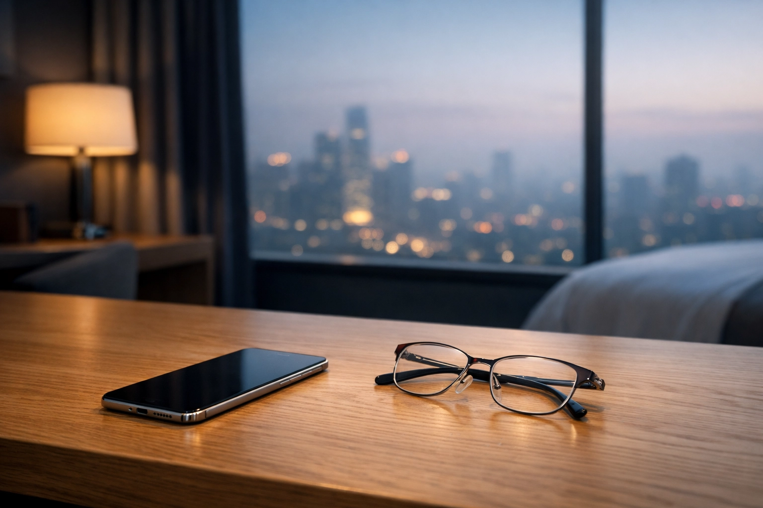 Smartphone on a desk with a city view, highlighting real-time market data for hotel revenue growth.
