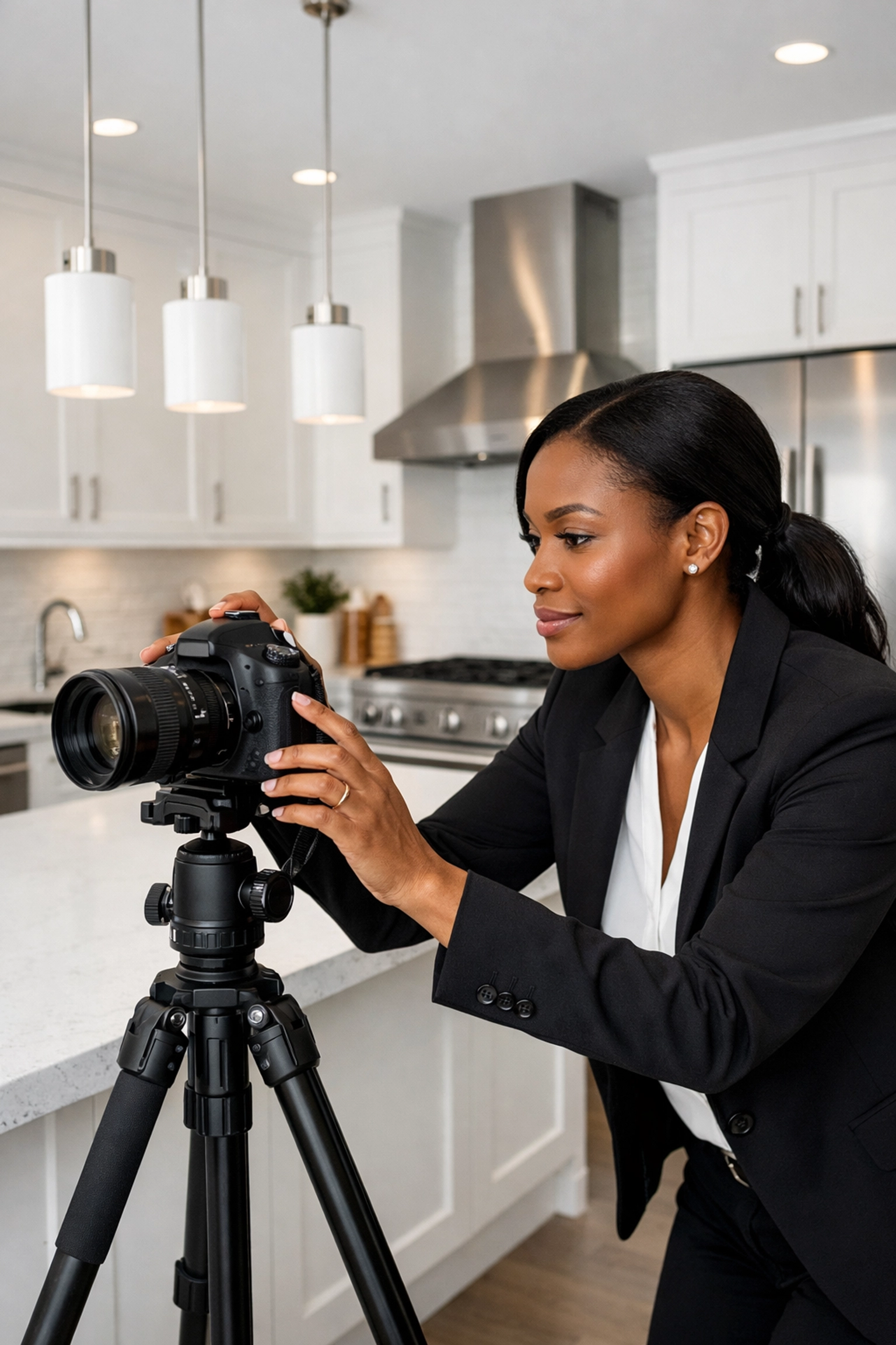 Professional real estate photographer capturing high-quality images of a modern, staged Triangle home kitchen.