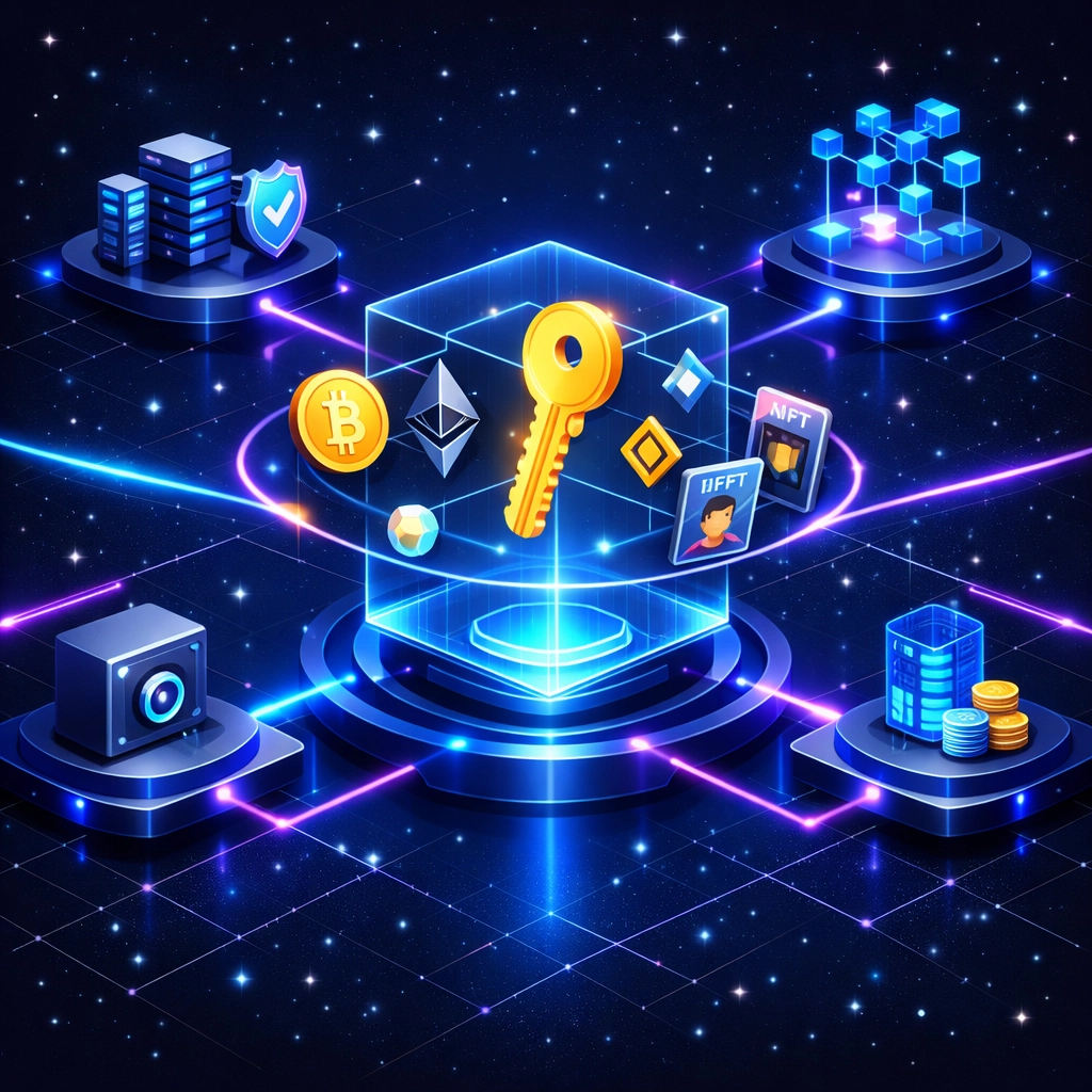 Self-custody crypto wallet with private keys and decentralized tokens representing financial sovereignty