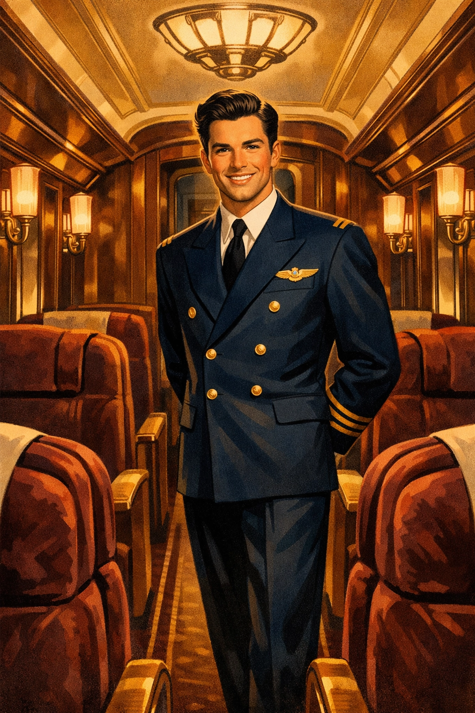 1920s male flight steward in elegant uniform inside luxury airplane cabin during aviation's golden age