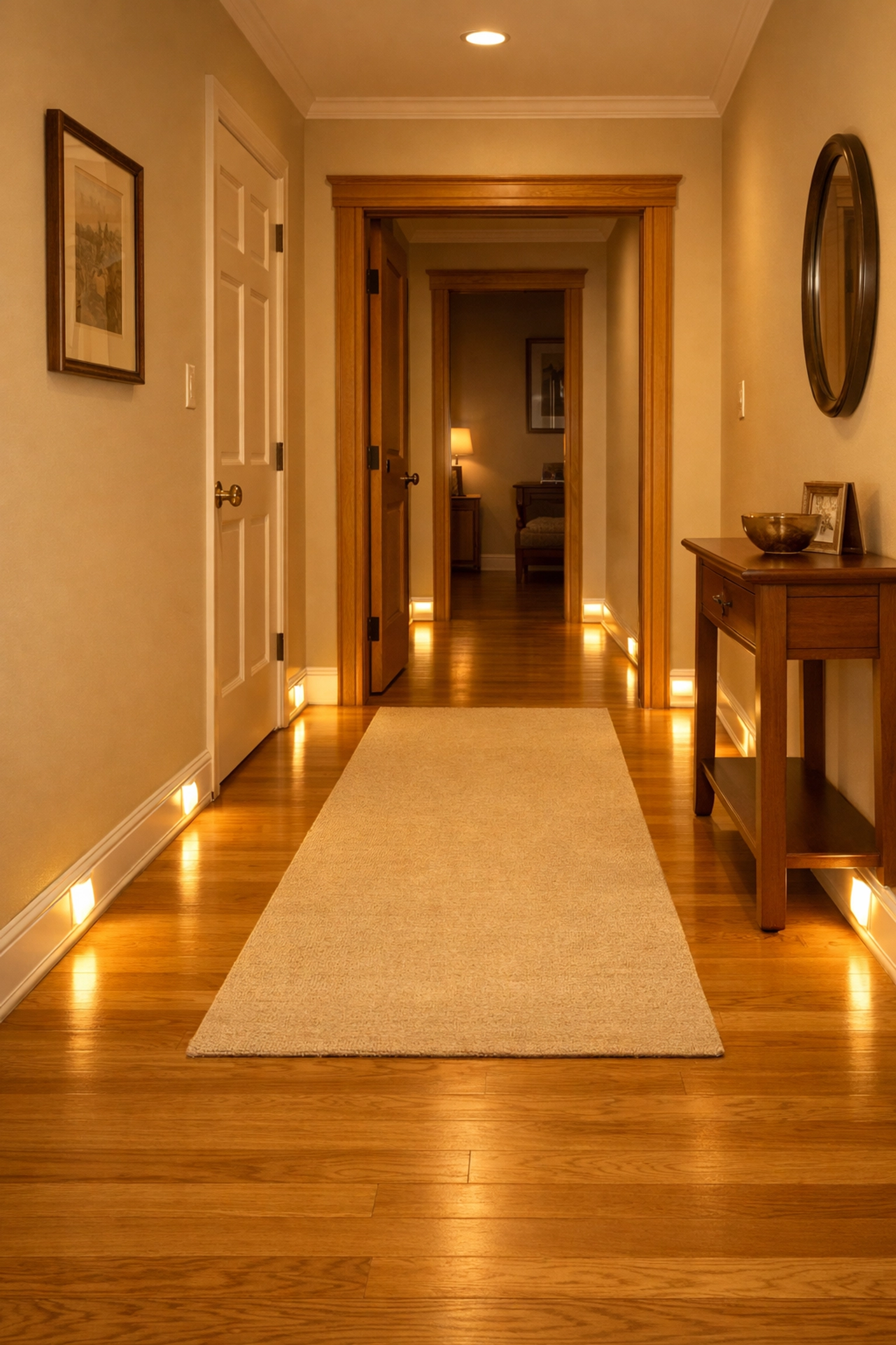 Bright motion-sensor nightlights illuminating a hallway to prevent falls in the dark.