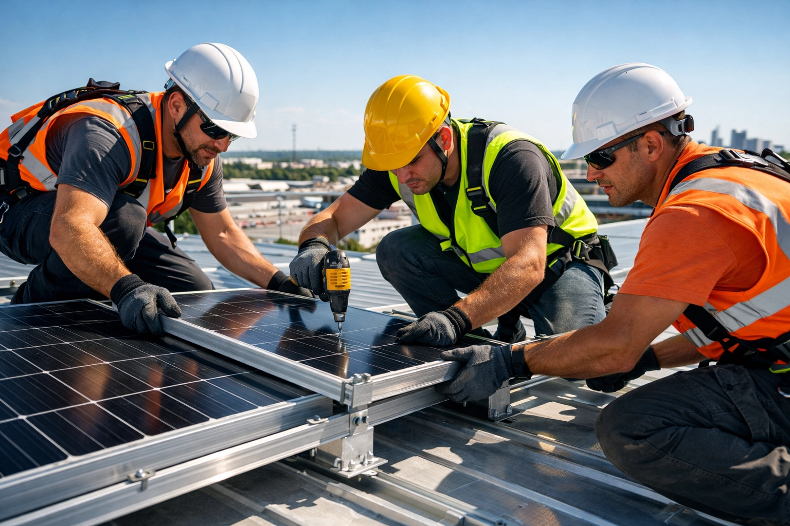 Expert technicians performing a commercial solar PV installation on a large industrial warehouse rooftop.