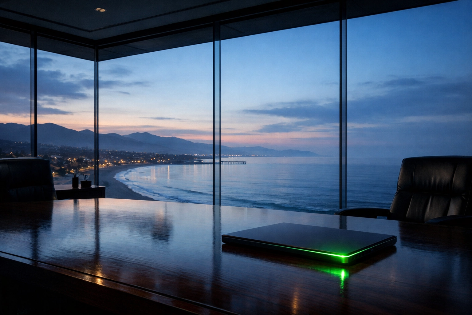 Secure laptop in a Ventura office overlooking the coast, highlighting network security services and CMMC readiness.