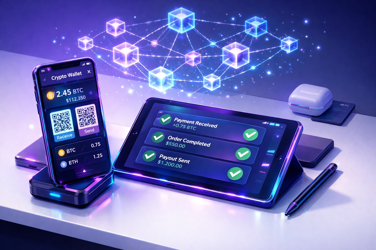 Merchant desk setup showing crypto wallet, QR codes, and blockchain payment network connections