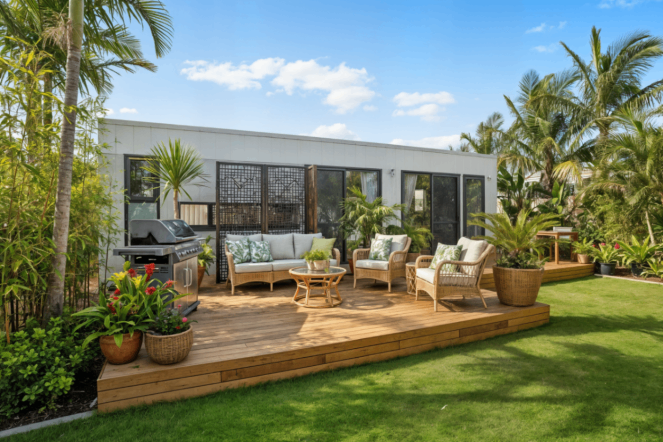 Modern modular home with outdoor entertaining space