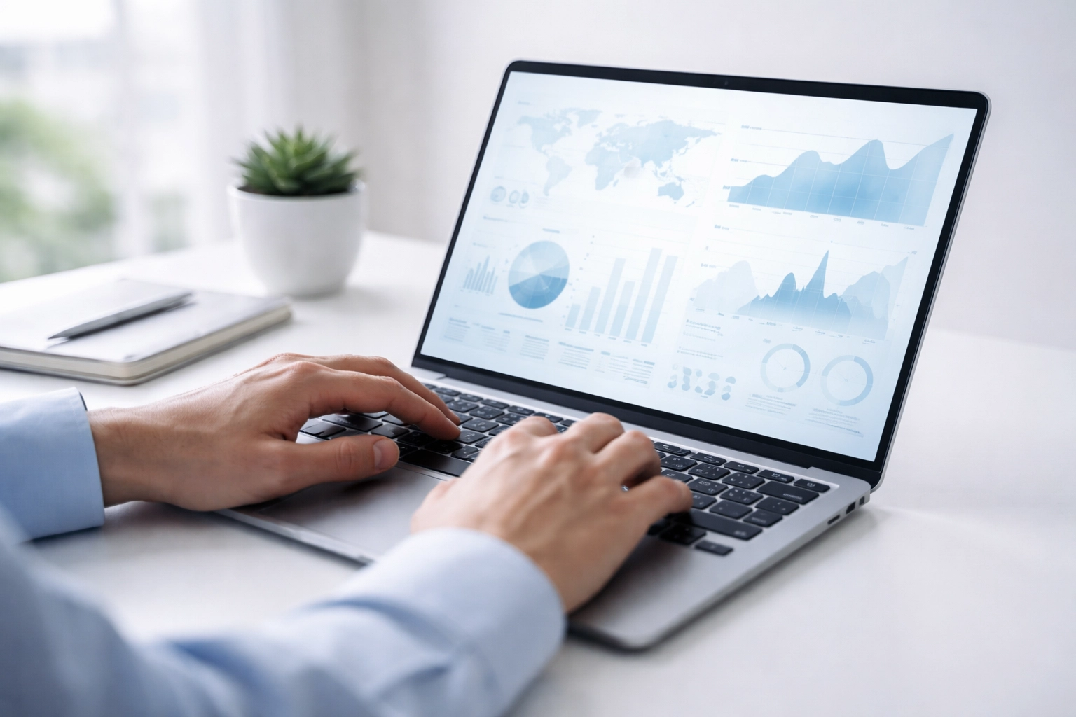 Hands typing on laptop with data analytics onscreen in a minimalist office, representing digital asset reporting and Form 1099-DA compliance
