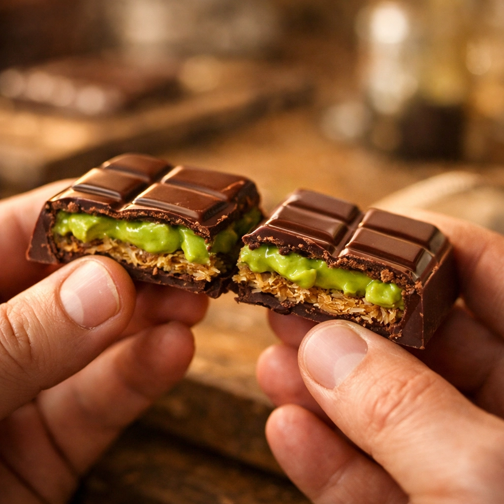 Artisan chocolate bar broken open revealing pistachio cream and crispy kataifi filling