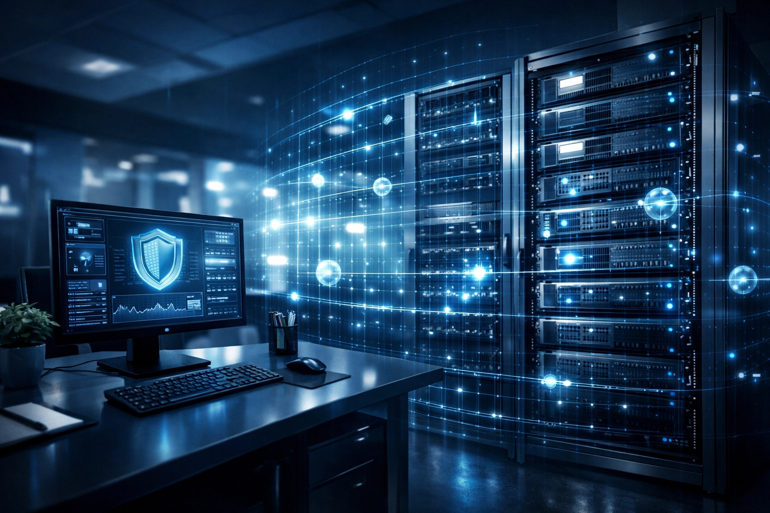 Real-time AI monitoring grid protecting a small business workstation and server setup.