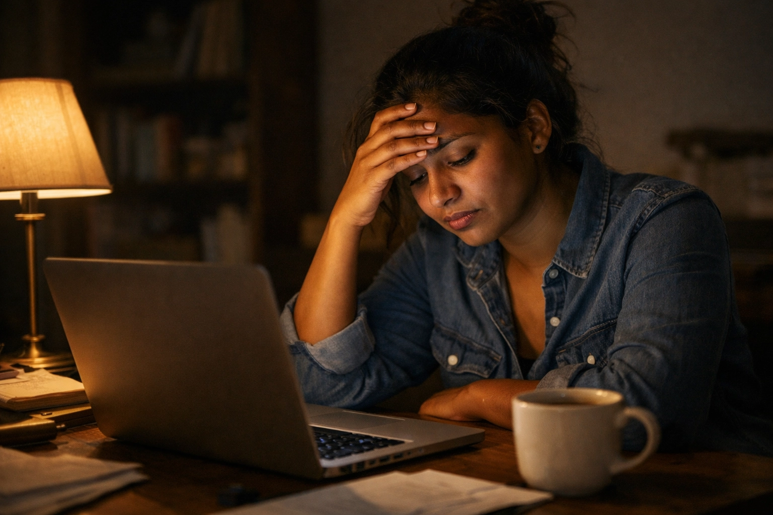 Writer looking tired working late at night on her laptop with a cup of coffee
