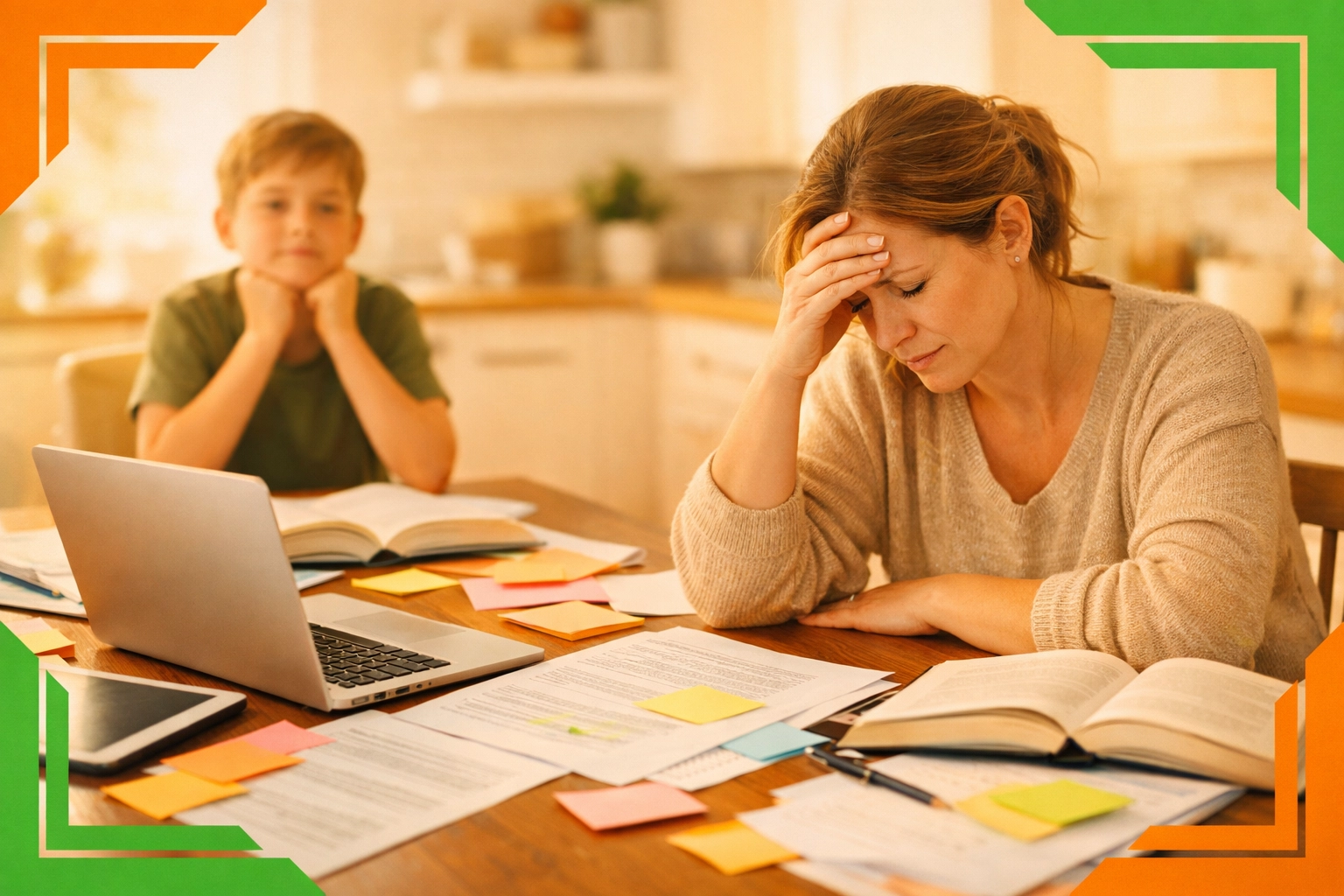 Overwhelmed parent surrounded by scattered parenting resources with child waiting patiently