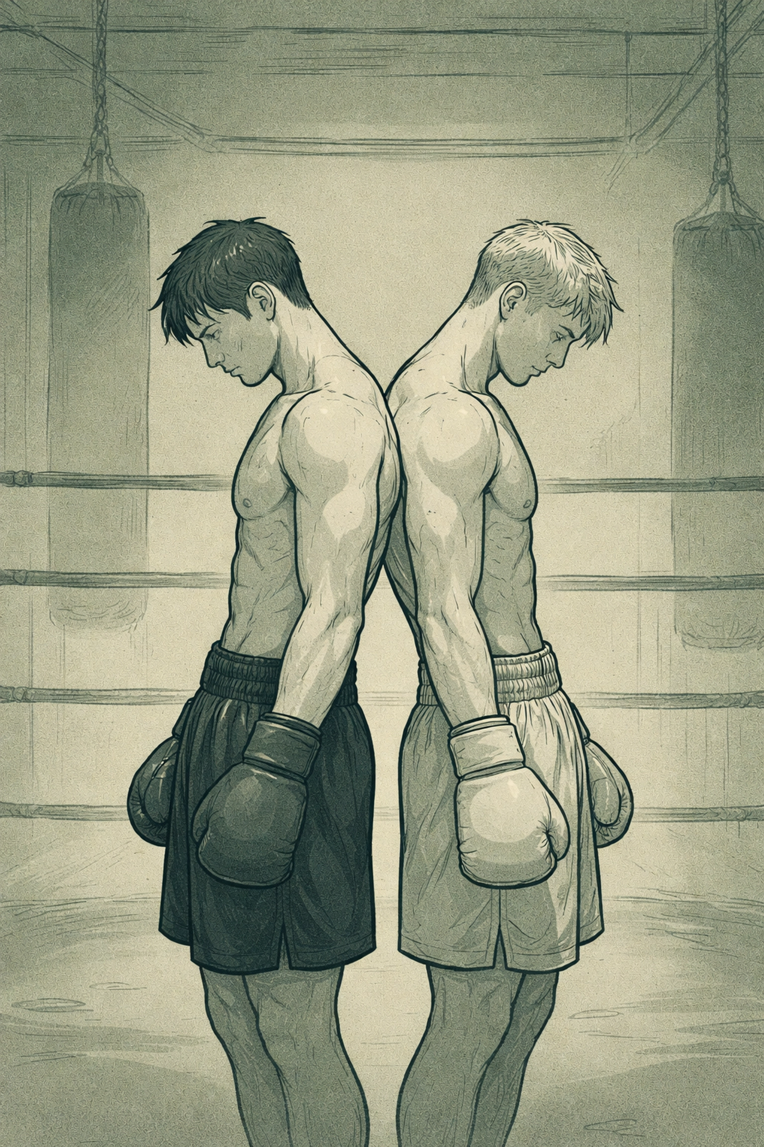 Two male boxers stand back-to-back, heads bowed, representing modern masculinity and the loneliness behind strength.