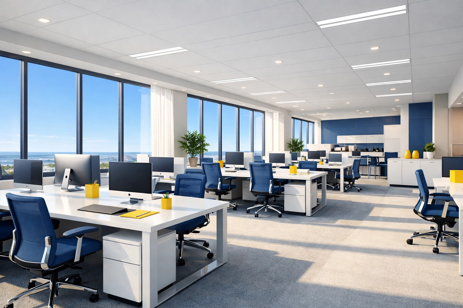 A pristine and sun-drenched open-concept office in Wayland promoting employee productivity through cleanliness.