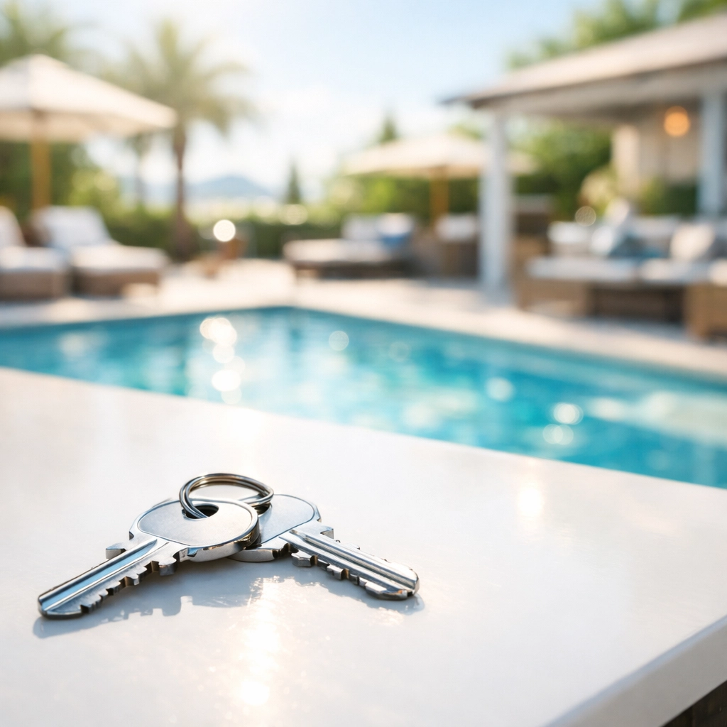 Silver keys on a table by a pool, representing a rewarding exit for a pool route business owner.