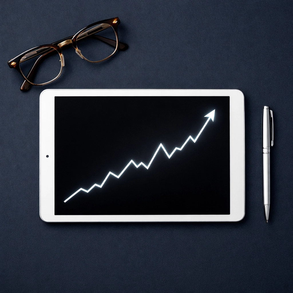 Professional workspace with tablet displaying upward growth trends for real estate portfolio analysis.