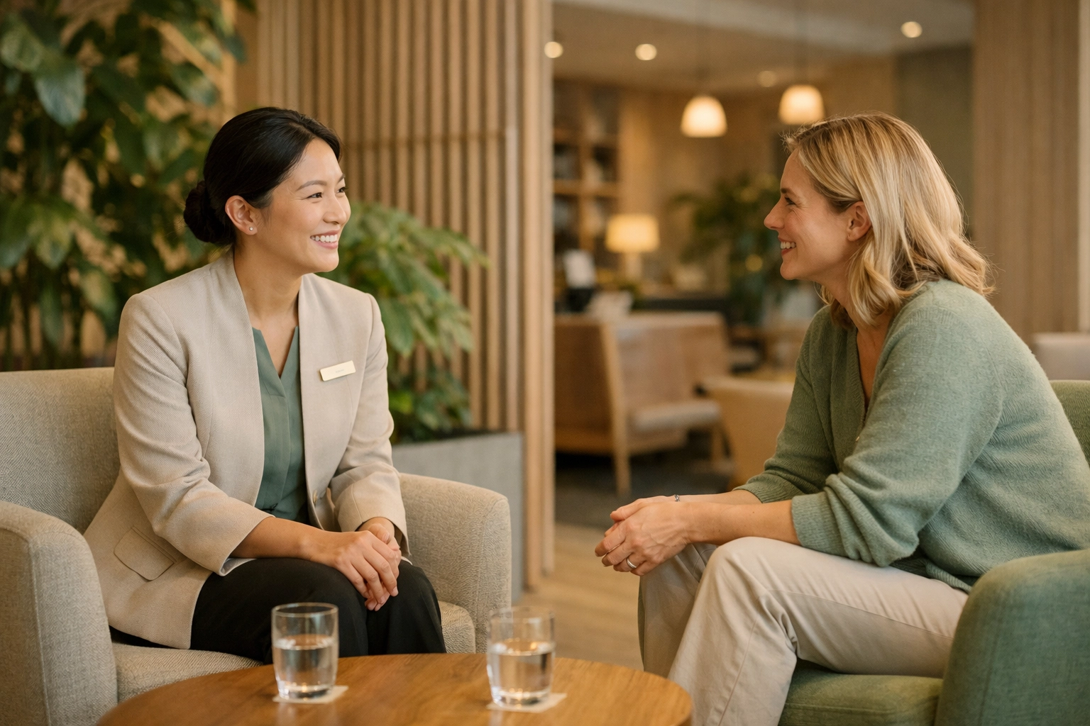 Modern hotel lobby where staff focus on high-touch guest interactions instead of administrative tasks.