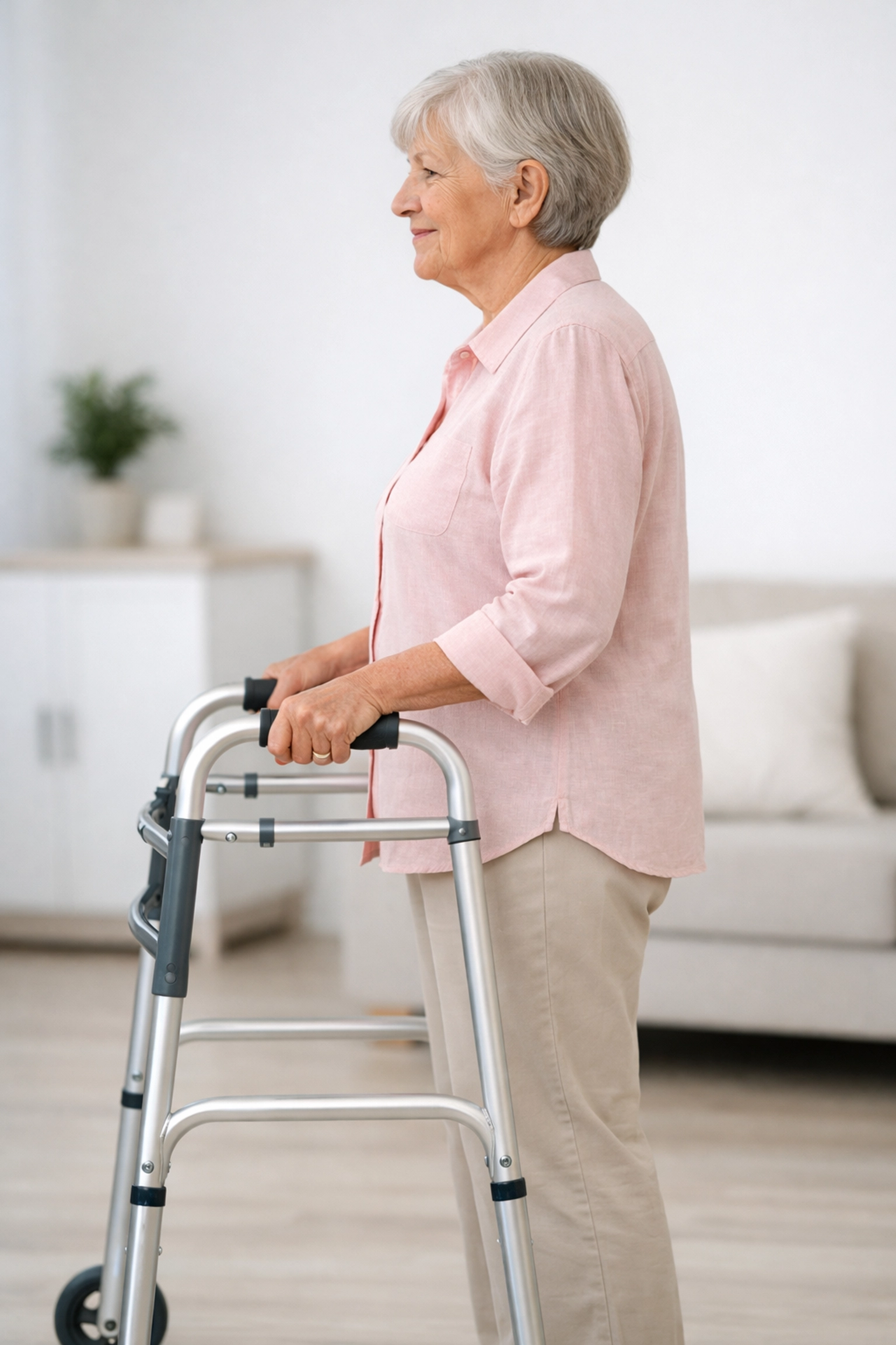 Senior woman demonstrating the safety bubble technique by standing inside the walker frame.