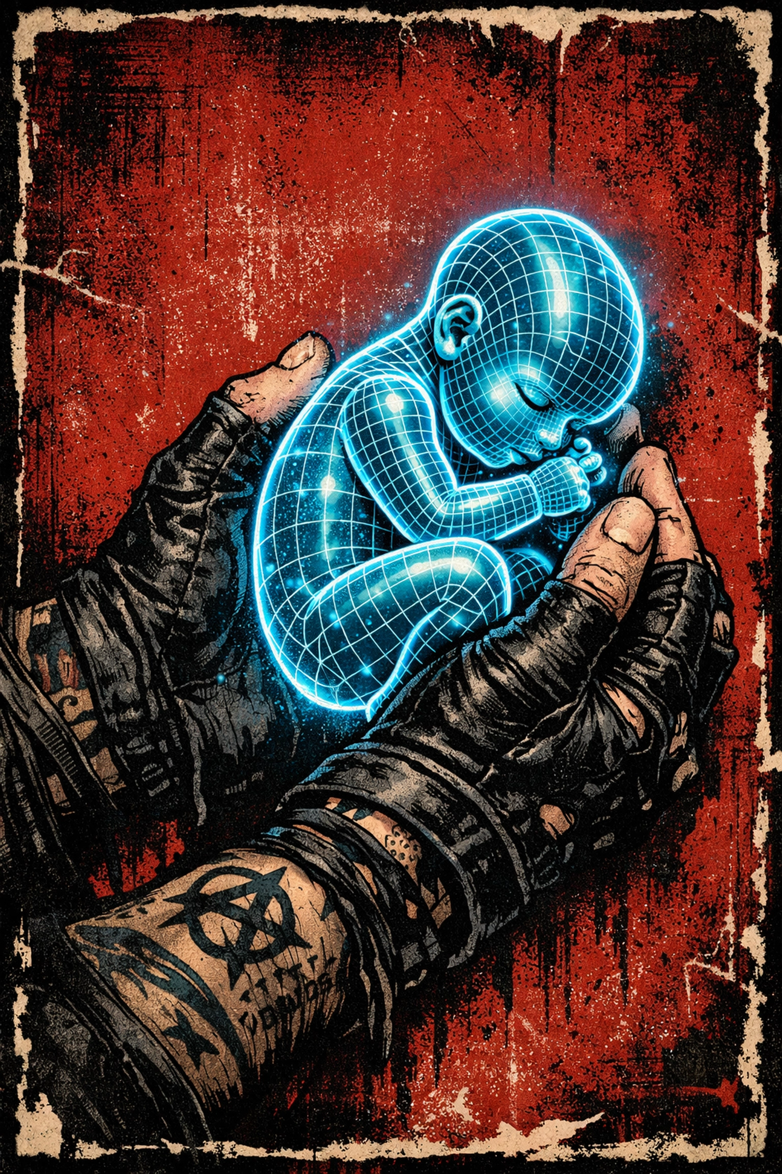 Tattooed hands guiding a glowing AI child representing responsible artificial intelligence development and integrity.