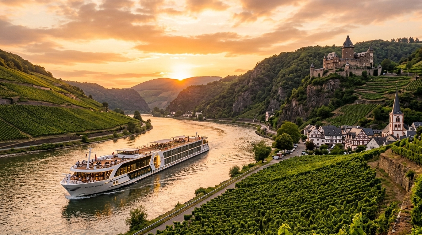 A luxurious, modern river cruise ship sailing through the scenic Rhine Gorge in Germany