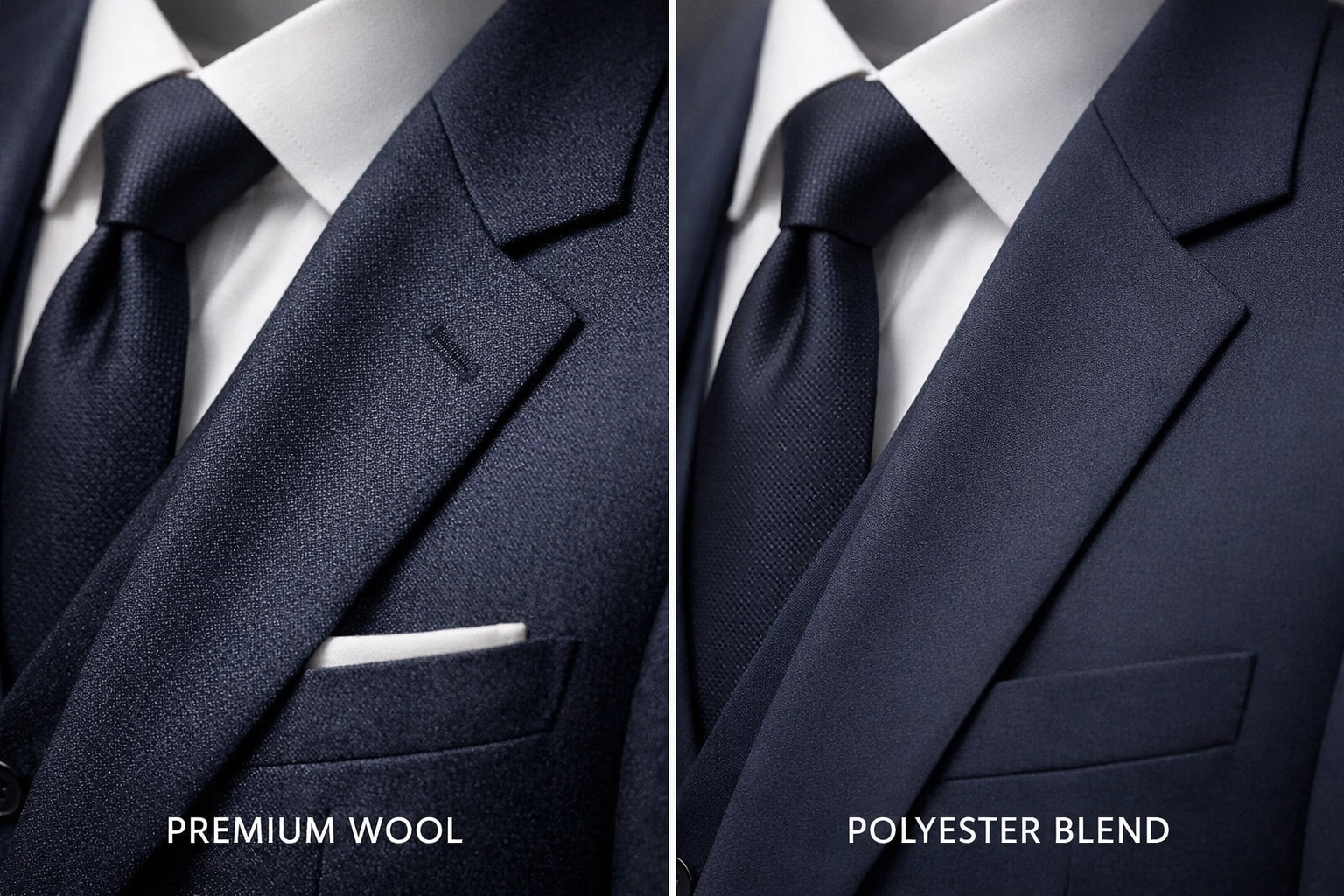 Close-up comparison of wool suit fabric versus polyester rental suit material quality