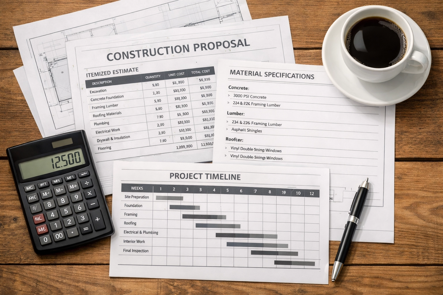 Detailed construction proposal with itemized costs and project timeline