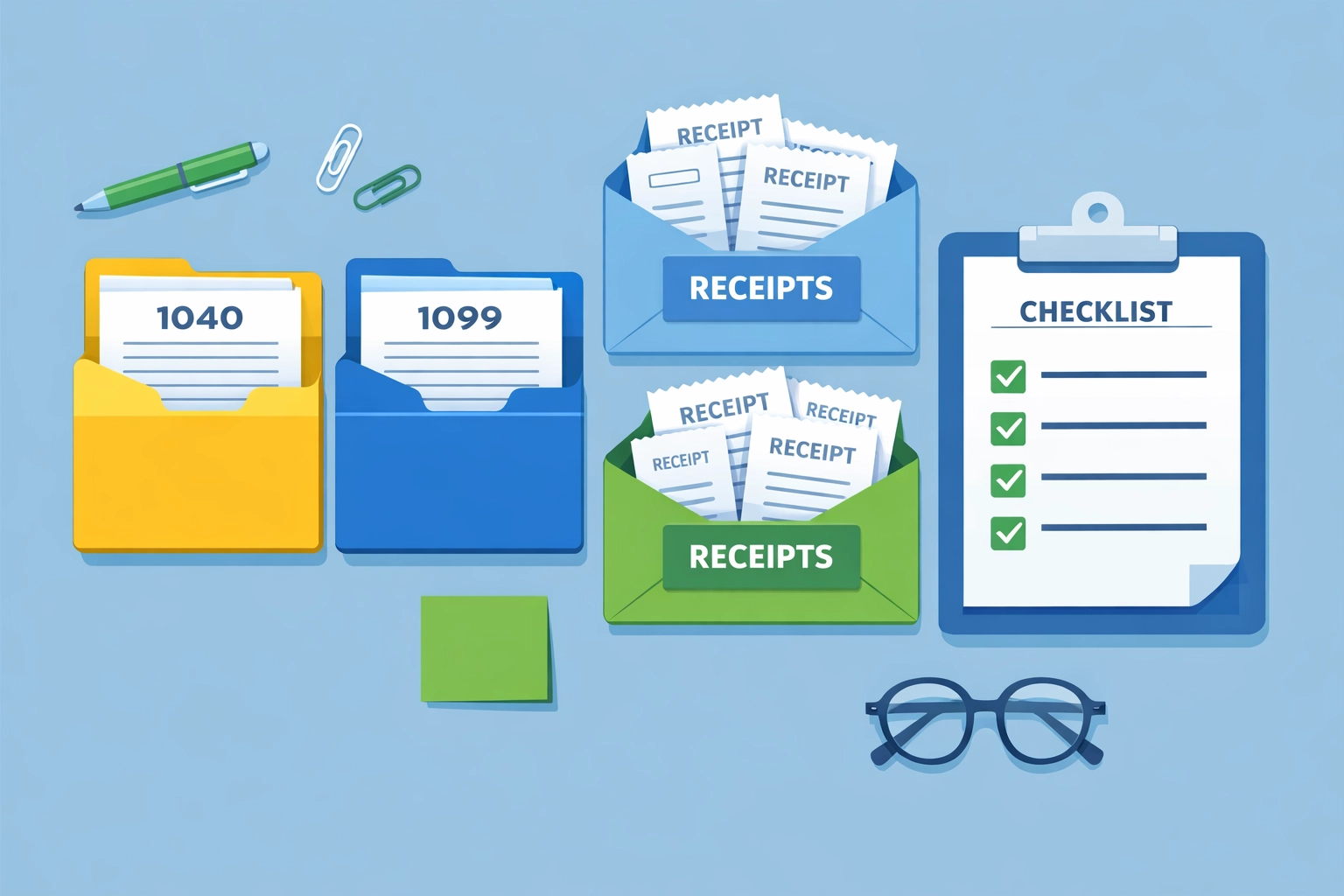 Organized tax documents and filing system with color-coded folders and completed checklist
