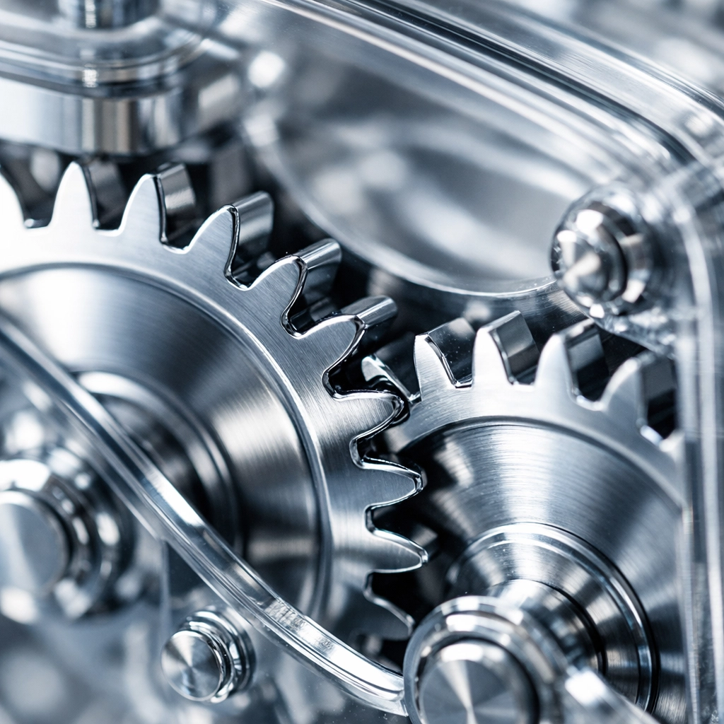 Interlocking silver gears representing synchronized operational systems and revenue growth models.