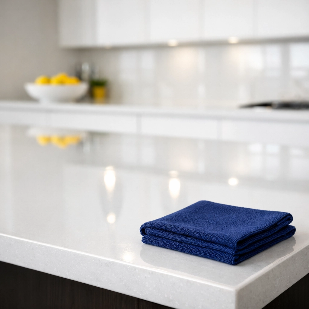 A streak-free white quartz kitchen island in Worcester highlighting detailed deep cleaning Worcester techniques.