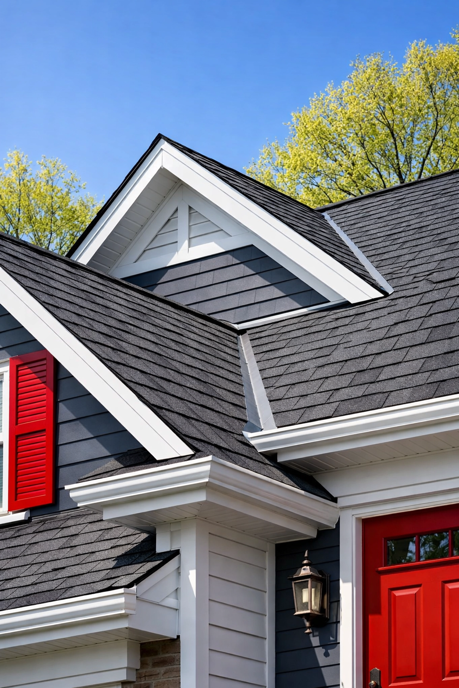 Clean residential roof valleys and gray shingles on a Salisbury, MD home during spring roof maintenance.