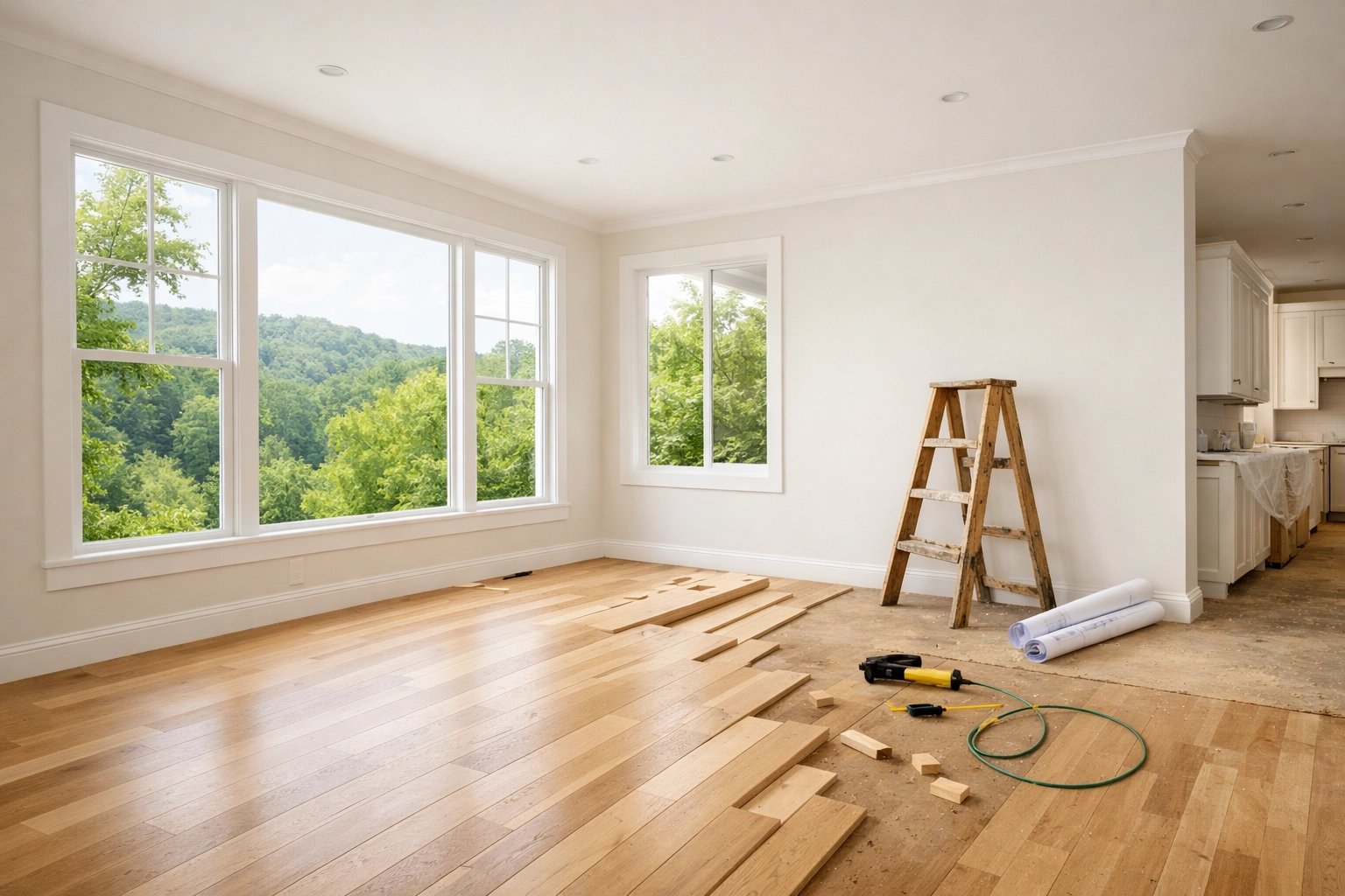 Interior view of a Tennessee house undergoing high-end renovations for a profitable property flip.