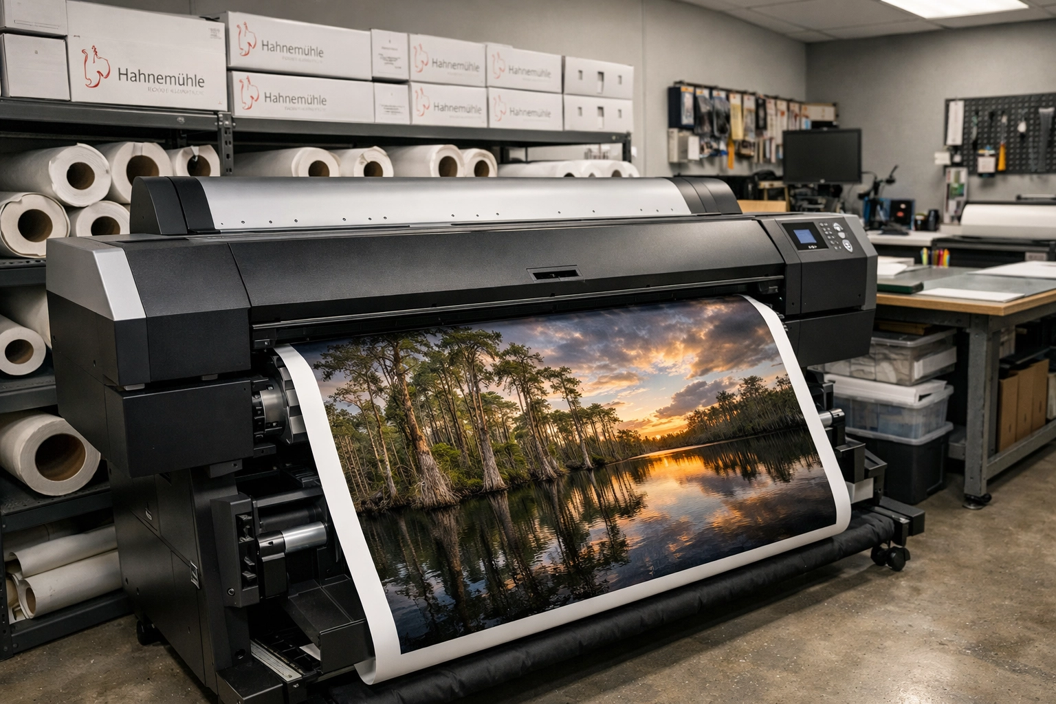 Giclée printer producing a high-detail archival print of a Florida Everglades landscape in a professional lab.