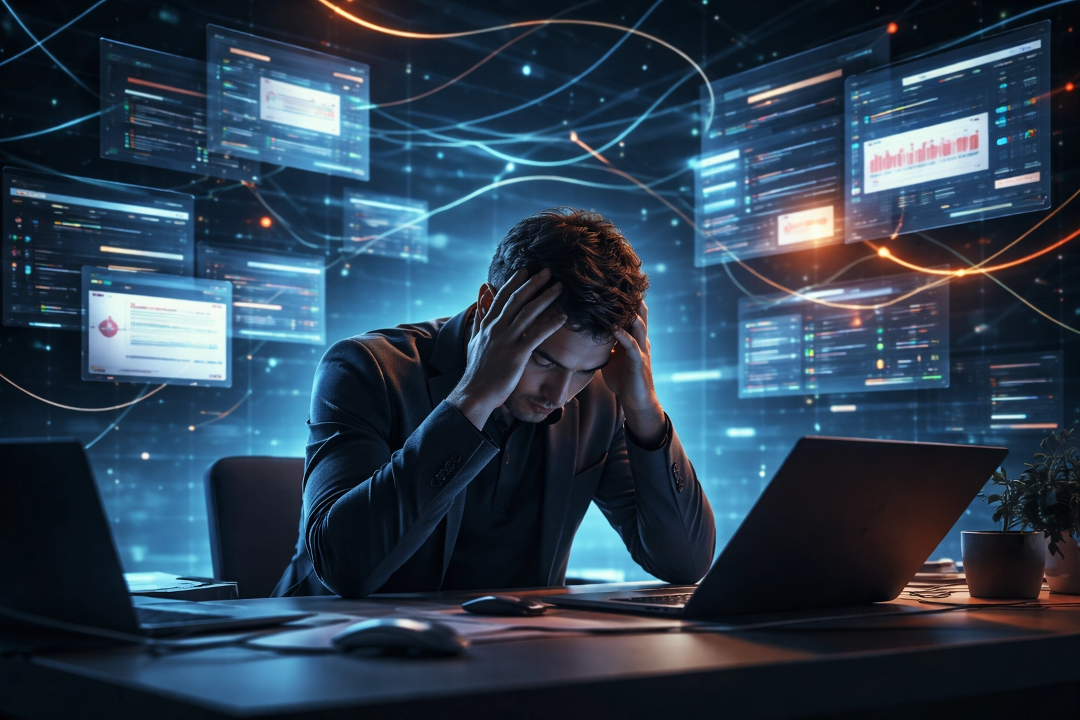Frustrated small business owner faces disconnected software systems, highlighting the need for custom software development.