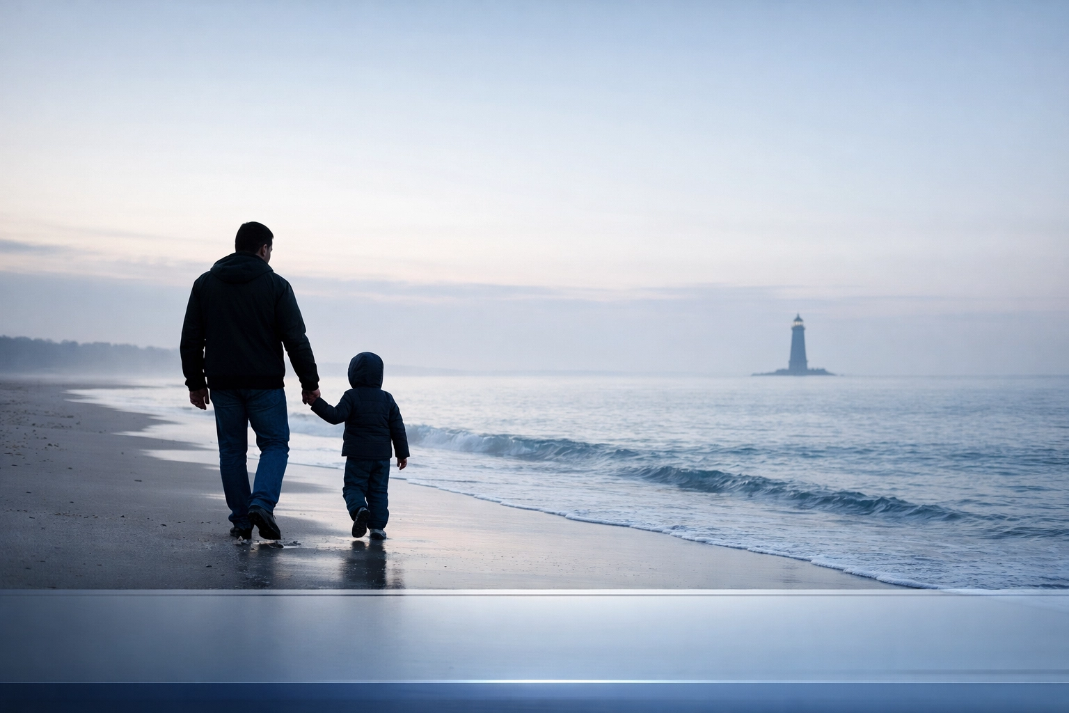 A father and child walk on a Virginia shore, illustrating the protection of parental bonds in custody cases.