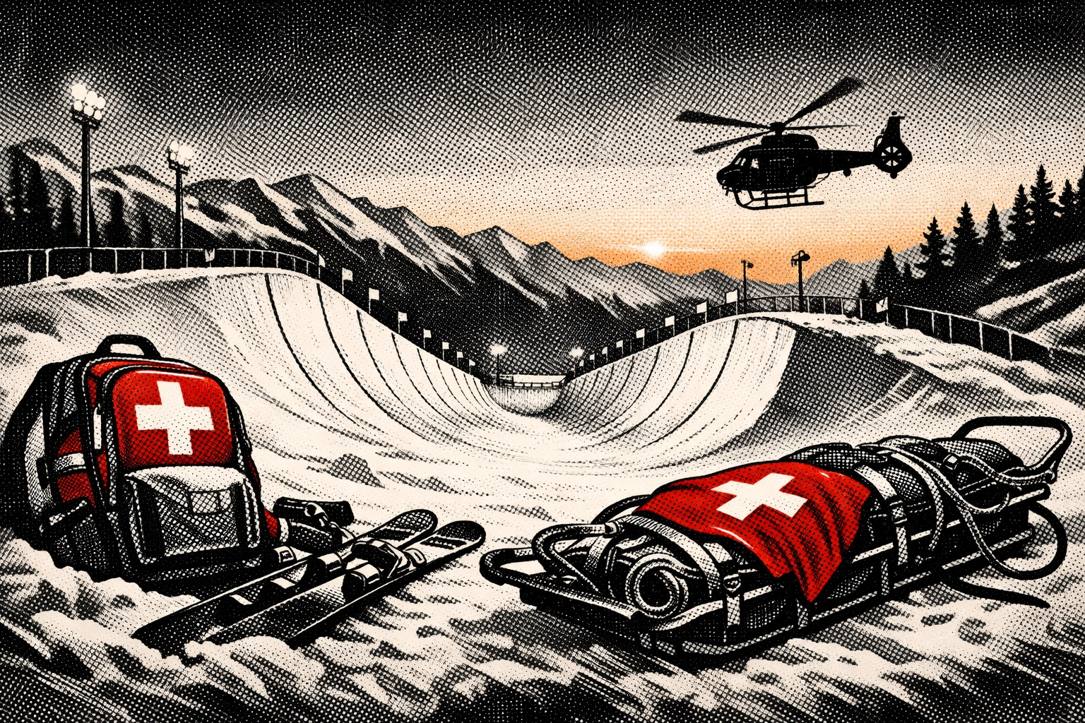 Winter Olympics halfpipe mountain with medical rescue equipment after skier injury