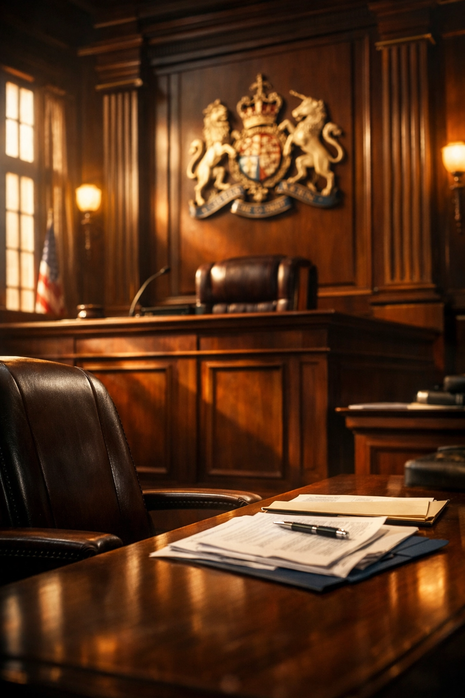 Family court hearing room prepared for emergency prohibited steps order application