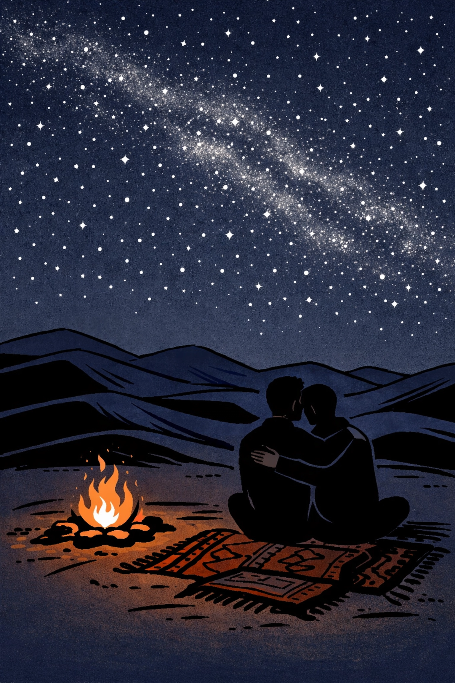 Gay couple embracing under starlit desert sky in Morocco - bittersweet MM love story