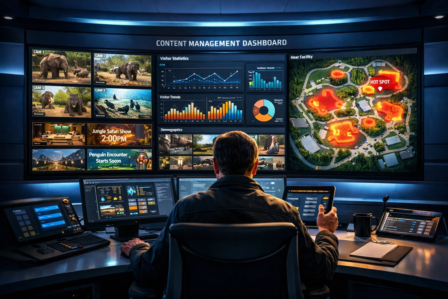 Zoo operations control room with centralized content management system monitoring digital signage