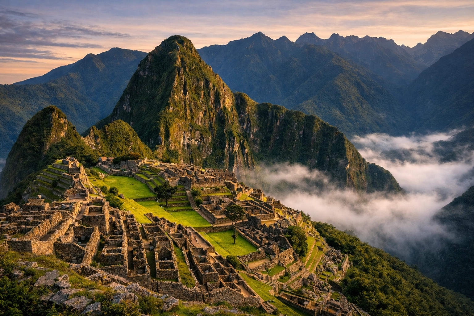 20 Most Iconic Places to Visit Around the World 1 Machu Picchu ruins at dawn, one of the best photography locations in Peru with lush green peaks.