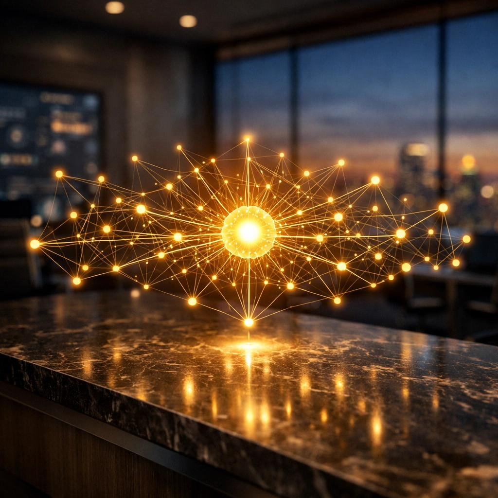 Digital network showing a central keynote speech branching into a 30-day content distribution plan.