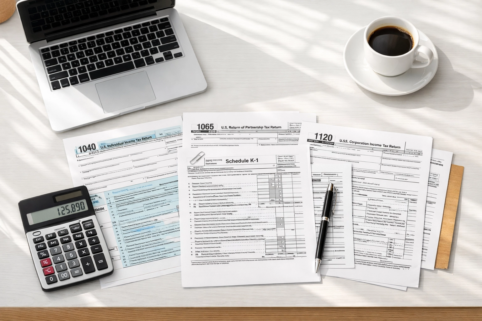 Small business tax forms including 1040 and 1120 on desk with laptop and calculator