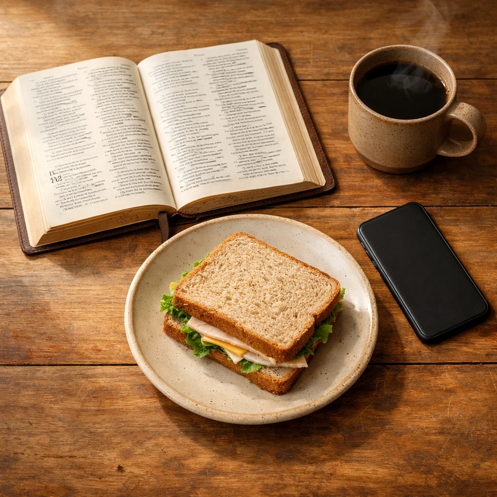 Peaceful lunch break with open Bible, sandwich, and coffee - choosing intentional faith over phone scrolling