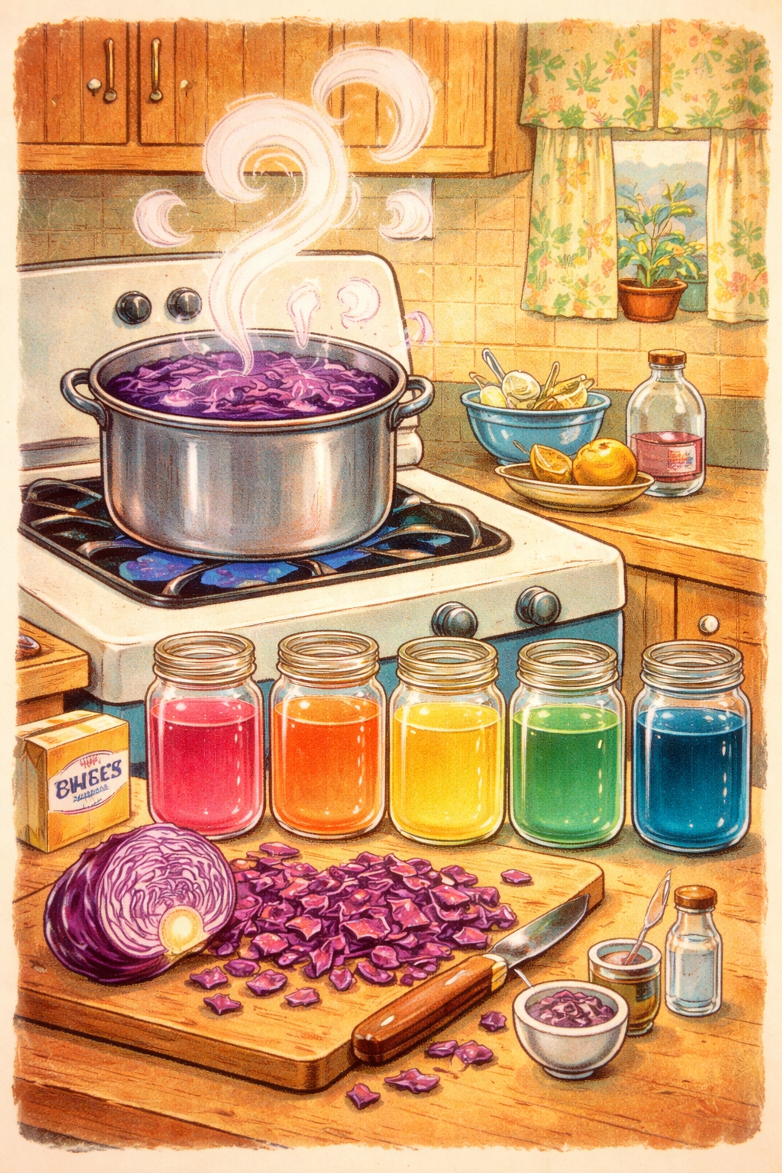 Vintage-style illustration of a red cabbage pH indicator experiment in a cozy kitchen setting