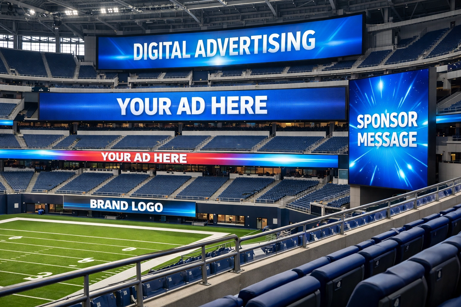 Stadium LED advertising boards and digital signage showcasing physical media assets in sports venue