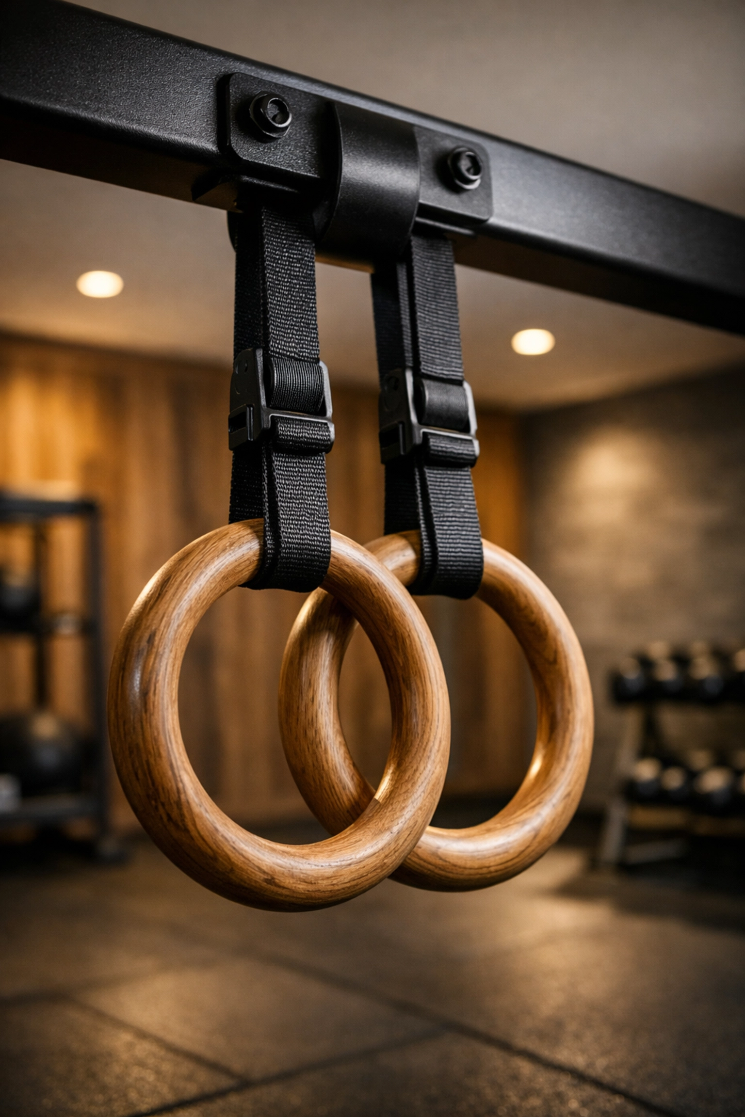 Wooden gymnastic rings attached to a modular anchor for calisthenics training at home.