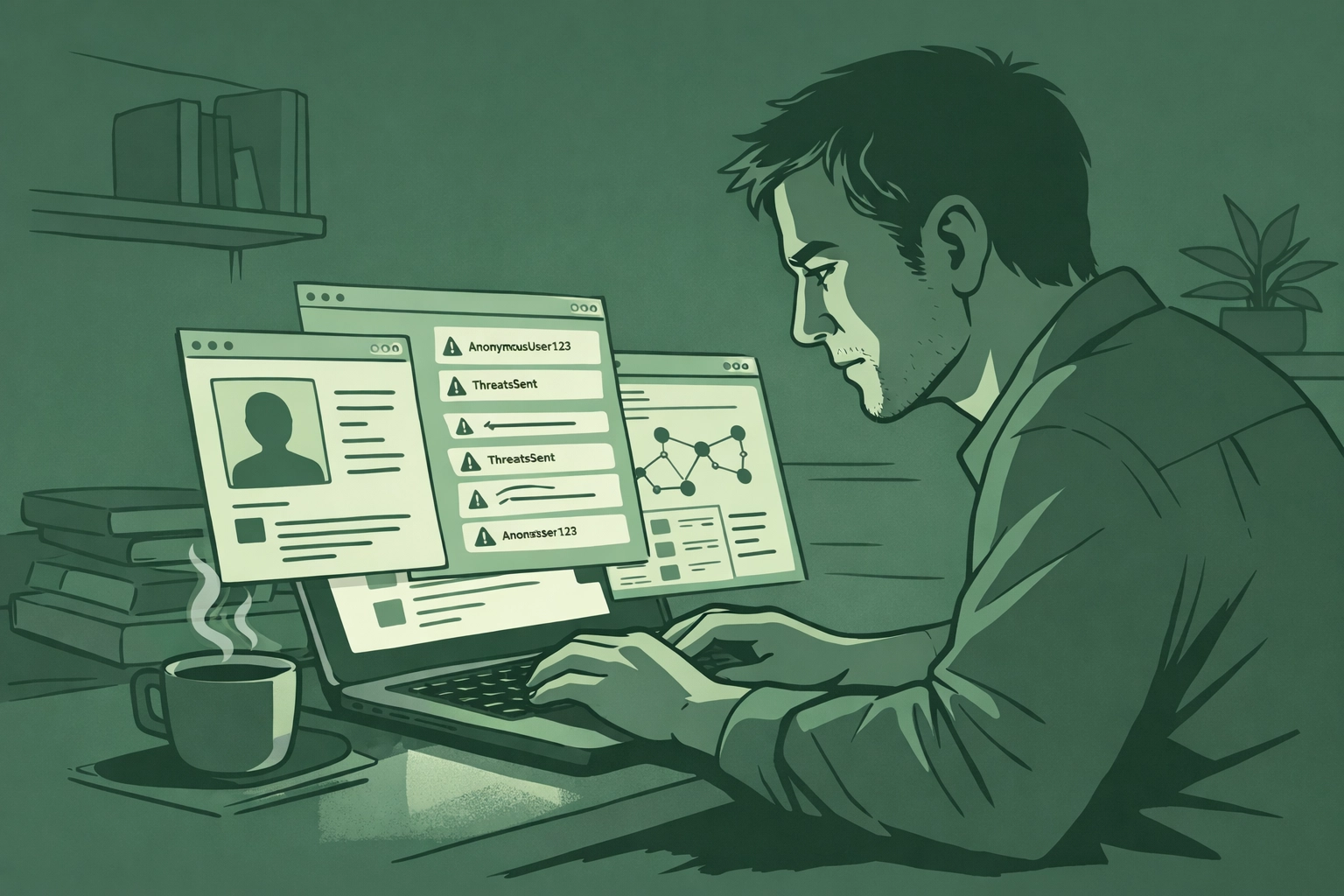 Man investigating digital harassment patterns at laptop in gay psychological thriller narrative