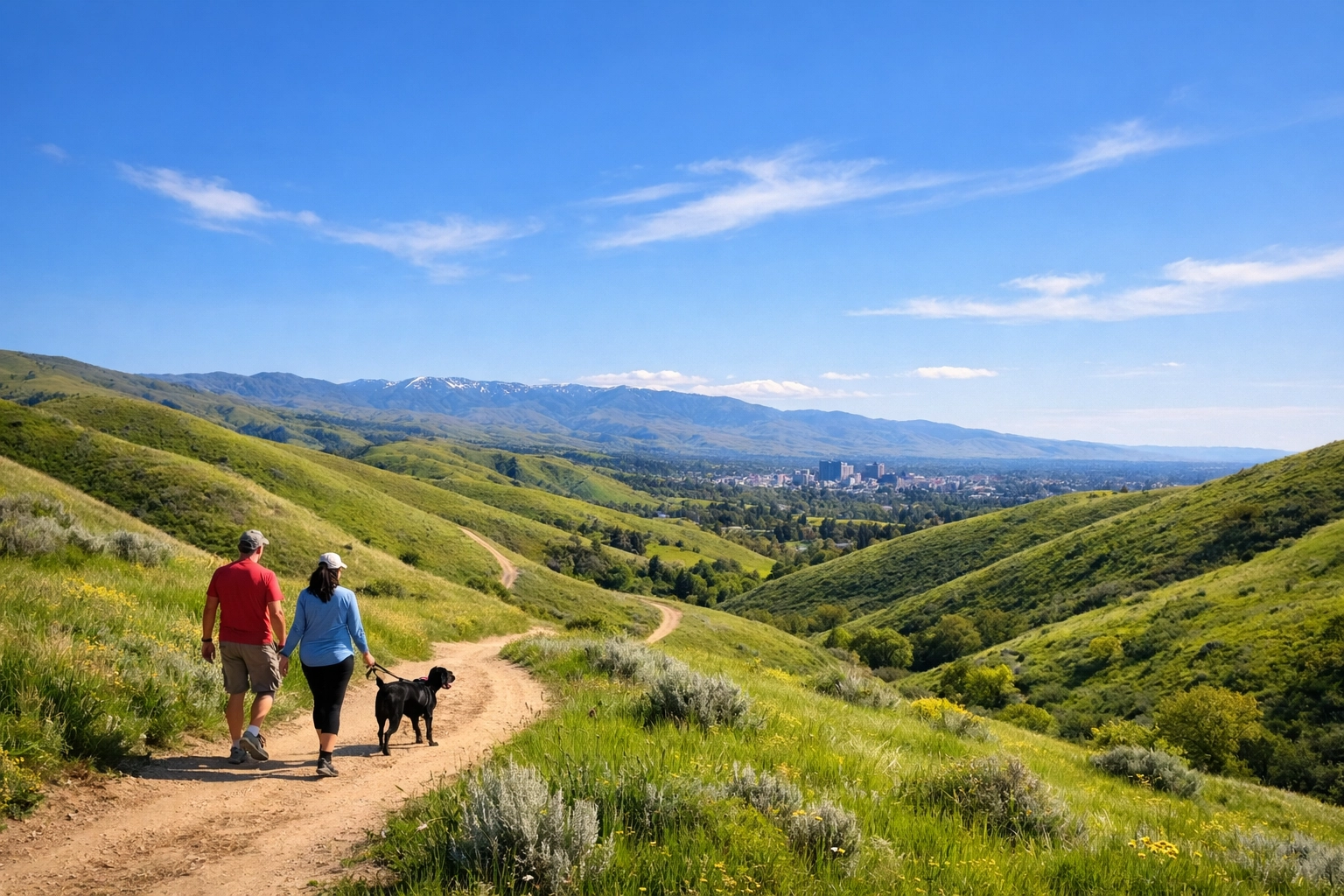 Vibrant green Boise foothills trails with people enjoying the sunny spring weather.